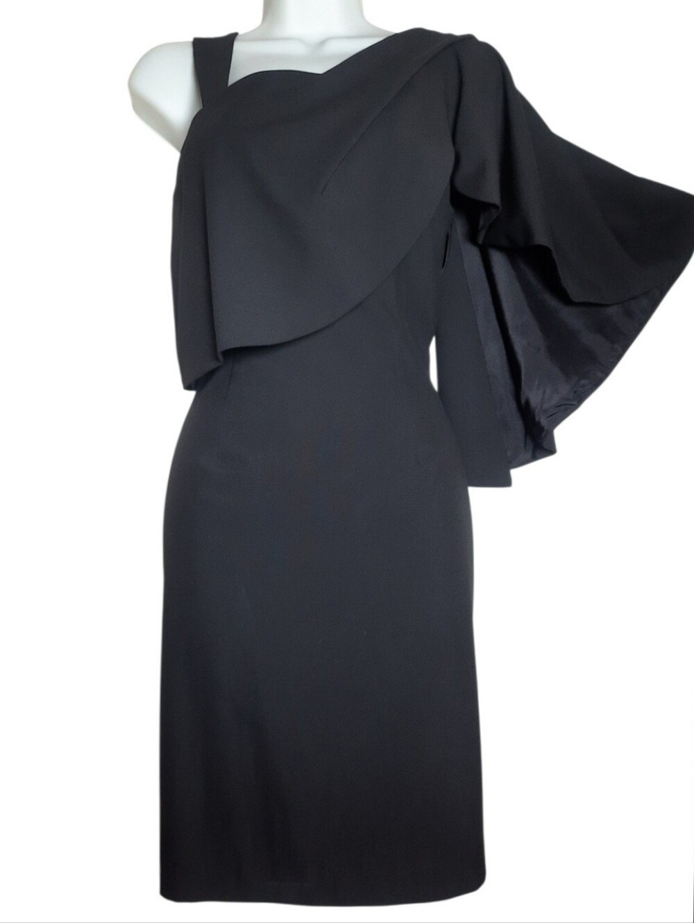 BLACK HALO Waterfall Cape Sleeve Mini Dress Draped One Shoulder Cocktail Black 6